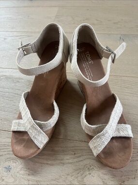 Toms Cream Textured Wedge Sandals with Ankle Strap